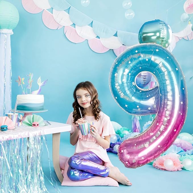 Mermaid Starry Number 9 Balloons, 40 Inch Large Purple Blue Pink Foil Number Balloons Set 0-9 for Girls, Globos de Numero 9 Helium Balloon for 9th Age Birthday Anniversary Party Decorations Supplies