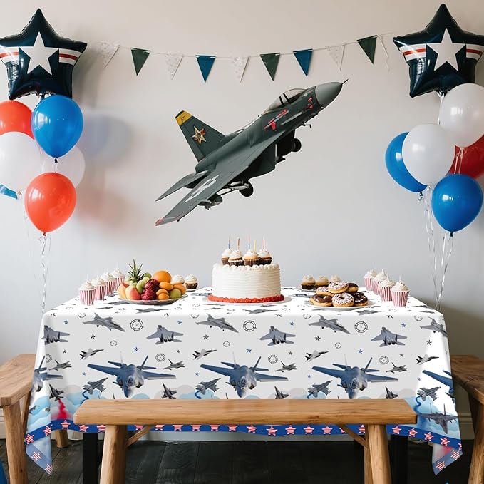 4 Pcs Fighter Jet Pilot Party Tablecloth Decorations, Waterproof Rectangular Table Cover, for Pilot Aviation Party Supplies 52 x 108 Inch