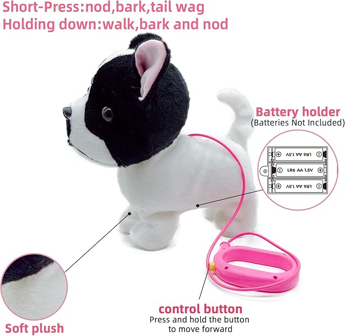 YH YUHUNG Walking French Bulldog Toy with Leash, Black & White Frenchie Puppy Robot, Electronic Barking & Wagging Plush Dog, Interactive Pet Gift for Kids 3+ (French Bulldog)