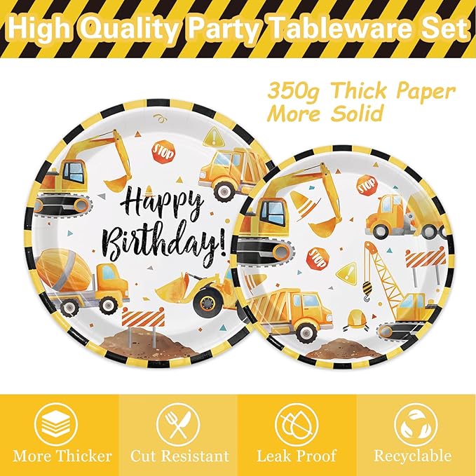 Oigco Construction Birthday Party Supplies Construction Theme Decorations Includes Plates, Cups, Napkins, Cutlery, Perfect for Boys Kids Birthday Party, Serves 24 Guests