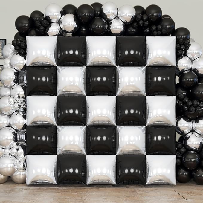 Black Silver Square Foil Balloon Wall,25Pcs Double Sided Foil Balloons Backdrop Helium Polyester Tunnel Arch Garland Kit for Birthday Bridal Anniversary Baby Shower Party Decorations