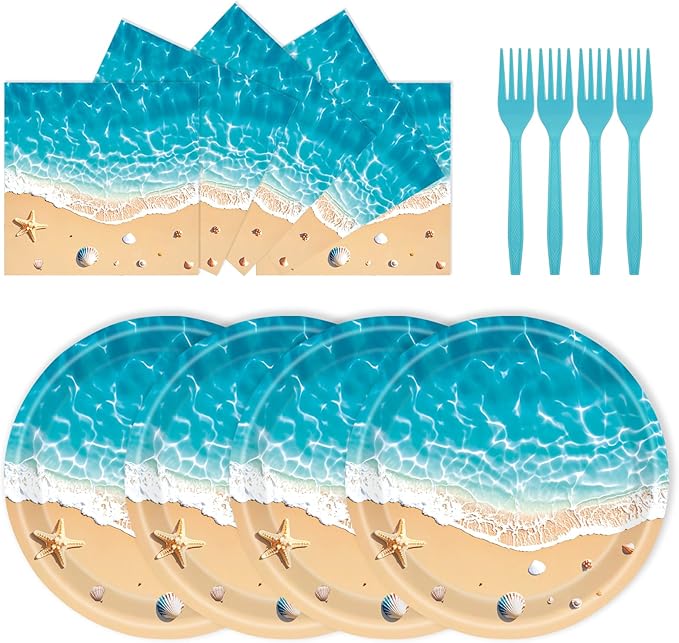 72PCS Beach Plates and Napkins, Ocean Waves Party Supplies Paper Plates and Napkins with Forks Disposable Tableware Set for Hawaiian Ocean Themed Party Decorations