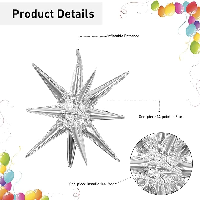 6 Pcs Silver Star Foil Balloons One-Piece 14-Pointed Star Balloon 4D Starburst Cone Mylar Balloon 22inch Christmas Birthday Wedding Wedding Anniversary Party Supplies (Silver + Red)