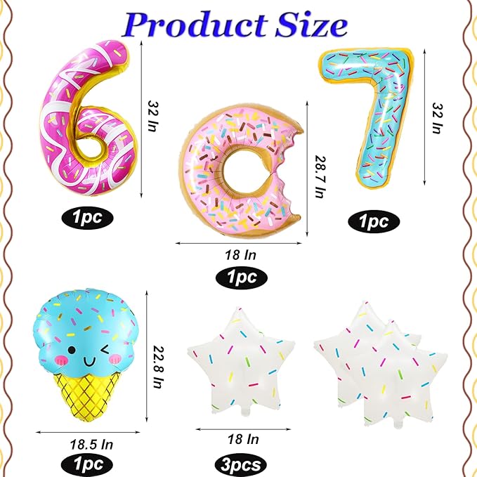 6 7 Birthday Decorations Foil Balloon Set, 6 7 Balloons, 7 Pcs Six Seven Donut & Ice Cream Balloons, Six Seven Birthday Party Décor, 6 7 Meme Theme Party Supplies