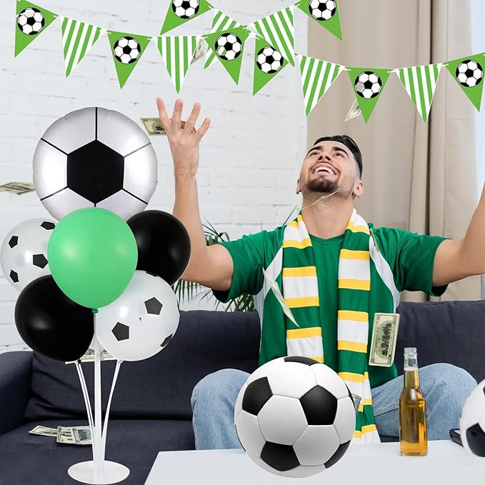 Soccer party Balloons Stand Kit 2 Sets with 2 Soccer Foil Balloons Green White Black Themed Centerpiece for Tables for Men Boys Football Game Sports Birthday Party Decorations