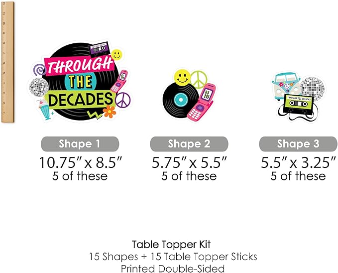 Big Dot of Happiness Through the Decades - 50s, 60s, 70s, 80s, and 90s Party Centerpiece Sticks - Table Toppers - Set of 15