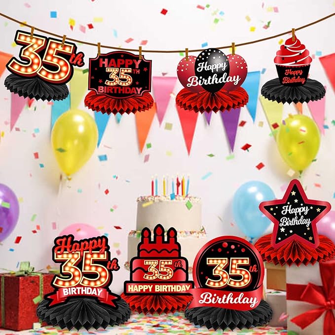 Happy 35th Birthday Red and Black Table Honeycomb Centerpieces Balloons Theme Decor Table Decorations Table Toppers for Girls Women Princess 35 Years Old Birthday Party Bday Supplies Background Gold