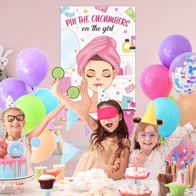 Hxezoc Spa Party Games Pin The Cucumbers on The Girl With 42 Pcs Cucumber Stickers, Large Spa Party Games Poster for Kids Girls Women Spa Birthday Party Carnival Supplies
