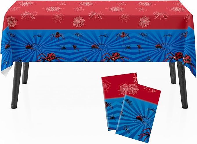 Spider Tablecloth 54×108 Inch, Red and Blue Table Cover with Spider Web Design, Disposable Table Decoration for Boys Birthday Party and Superhero Theme Events, Kids Theme Party Supplies