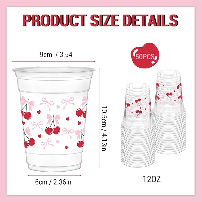 50Pcs Cherry Bow Cups, 12oz Cherry Plastic Cups for Birthday Party Supplies Wedding Bridal Engagement Drinkware Decoration