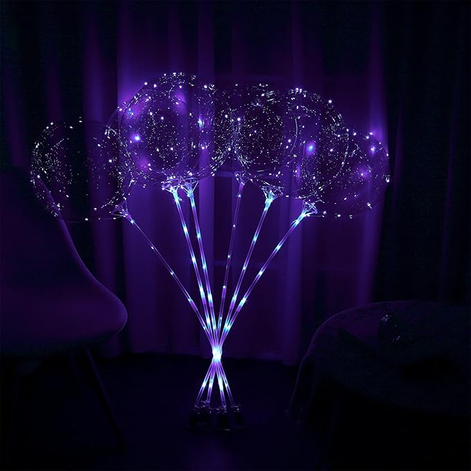 LED Balloons Light Up, 10 Pack LED Balloons with Sticks, 20 Inch Clear Bobo Balloon with Lights Helium Glow Bubble Lights for Party Supplies Valentines Decor (Purple)
