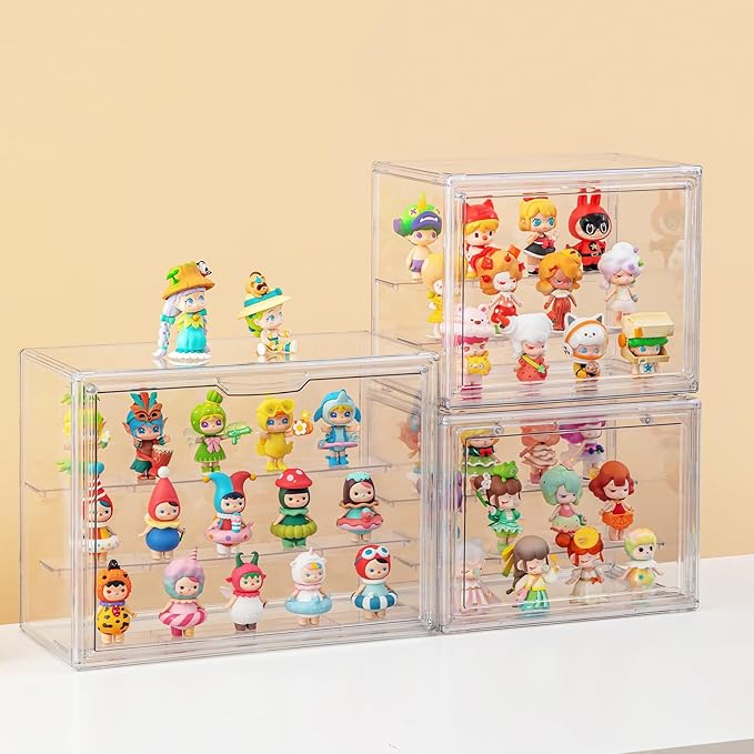 2 Pack Acrylic Display Cases for Collectibles, Clear Display Case for Figures, 3 Tier Display Shelf Boxes Miniature Display Case, Dustproof and Stackable Action Figure Display Cases (2, Small)