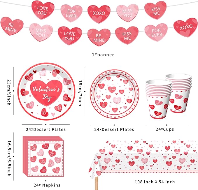 Valentine's Day Party Supplies Tableware Set Red Heart Love Paper Plates Napkins Cups Tablecloth Garlands Banner for Valentine's Day Party Decorations, Serves 24