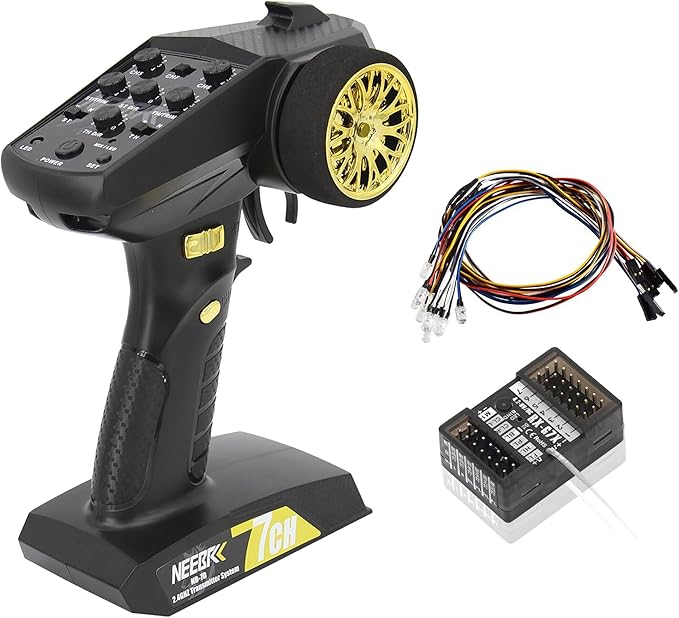 7 Channels RC Transmitter with Receiver Built-in Light Control System and 12LED Light Set, 2.4GHz Radio Remote Controller for RC Car Crawler Truck Buggy Off Road On Road Boat Tank(Golden)