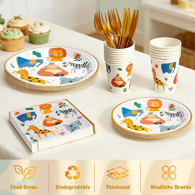 144Pcs Jungle Animals Birthday Party Supplies Decorations Animal Themed Paper Plates Napkins Vintage Party Tableware Disposable Dinnerware for Girl Boy Kid Birthday Baby Shower Table Decor, Serve 24