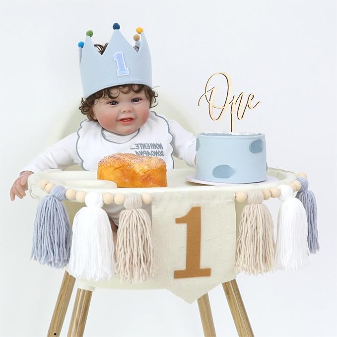 Baby Boy First Birthday Party Decorations Blue White High Chair Banner 1st Crown Hat Cake Topper