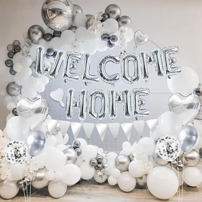 TONIFUL Welcome Home Decorations,16 Inch Silver Welcome Home Foil Balloon Banner Silver Confetti Balloons Pennant Flag Bunting for Homecoming Party House Warming Party Family Gathering Supplies