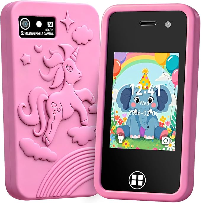 Kids Toy Smart Phone for 4-8 Year Old Boys Girls | Dual Camera, 14 Educational Games, Drop-Proof Fake Phone with MP3 Player & 16GB SD Card, Perfect Christmas Birthday Gift (Pink)