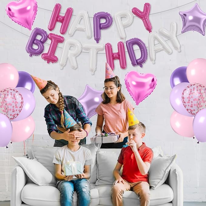 29PC Pink Purple Happy Birthday Balloon Banner, 16 Inch Foil Letters Letter Banner Sign, Pink Purple Balloons Metallic 18 Inch Star Heart Foil Balloon for Women, Men Party Supply