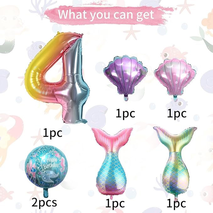 4th Mermaid Birthday Decorations,Pink Blue Balloons Kit Sea Balloon Tail Balloons for Girls Mermaid Party Baby Shower