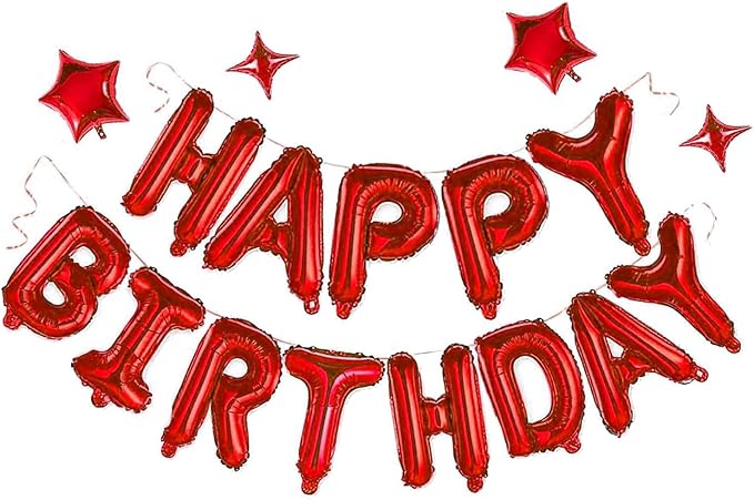 Red Happy Birthday Banner Balloon Aluminum Foil 16 Inch Letter,10 Inch Five Pointed Star Four Pointed Star Suitable for Kids, Men, Women, Boys and Girls Party Decoration Supplies