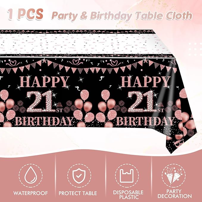 41Pcs 21st Birthday Tableware Decorations for Women Girls Rose Gold Happy 21 Birthday Party Supplies for Her Includes Tablecloth,Plates,Napkins for Sweet Girls 21st Birthday Party