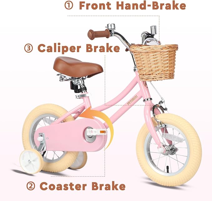 Petimini Vintage Kids Bike for Girls, 12–20 Inch Classic Bicycle with Wicker Basket & Bell, High Tensile Steel Frame, Training Wheels (12–18”), 85% Pre-Assembled, Retro Bike for Outdoor Riding