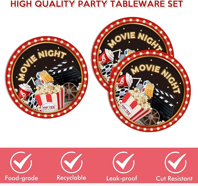 40PCS Movie Night Party Supplies Movie Theme Birthday Party Plates and Napkins Set Movie Night Disposable Dinnerwares Favors for Movie Theme Party Decorations