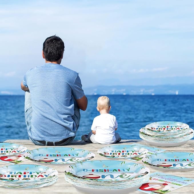 Grencian 96 Pcs Ofishally One Birthday Decorations Gone Fishing 1st Party Plates and Napkins Tableware Set O Fishally One First Birthday Decorations for Boys Little Fisherman 1st Baby Shower Serves 24