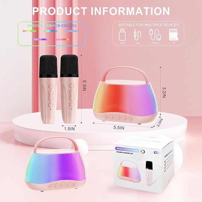 Portable Bluetooth Mini Karaoke Machine with 2 Wireless Microphone & LED Lights, Mini Karaoke Speaker for Kids & Adults, Birthday for Girls Boys Ages 3-12, Pink