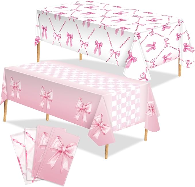 Zhehao 4 Pcs Pink Ribbon Tablecloth 54 x 108'' Coquette Table Cover Pink Bow Birthday Decorations Plastic Disposable Table Cloth for Girls Women Party Supplies