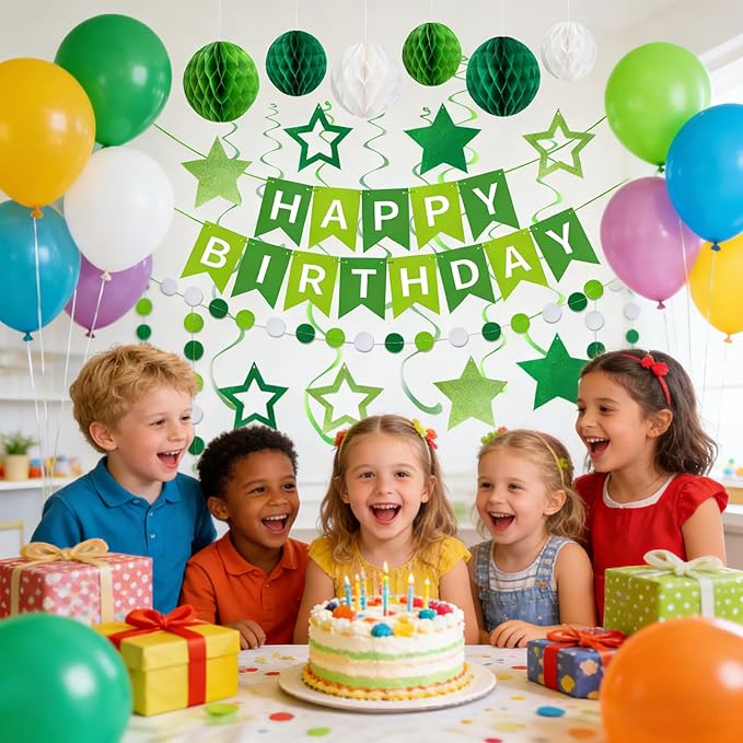Birthday Banner Decorations with Honeycomb Balls, Stars, Circle Dots Garland Swirl Streamer Happy Birthday Party Decorations Supplies for Party(Green)