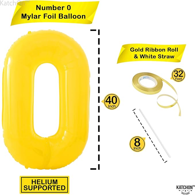 KatchOn, Yellow 0 Balloon Number - Giant, 40 Inch yellow Number Balloons | Zero Balloon for Happy Birthday Decorations | Number 0 Foil balloon for yellow Mylar Decorations