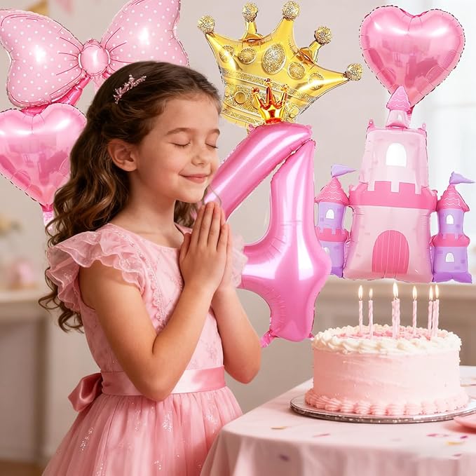 Princess Balloons for 4th Birthday Decorations Girl Pink Castle Balloon Large Pink Crown Number 4 Balloons for Princess Birthday Party Decorations Supplies