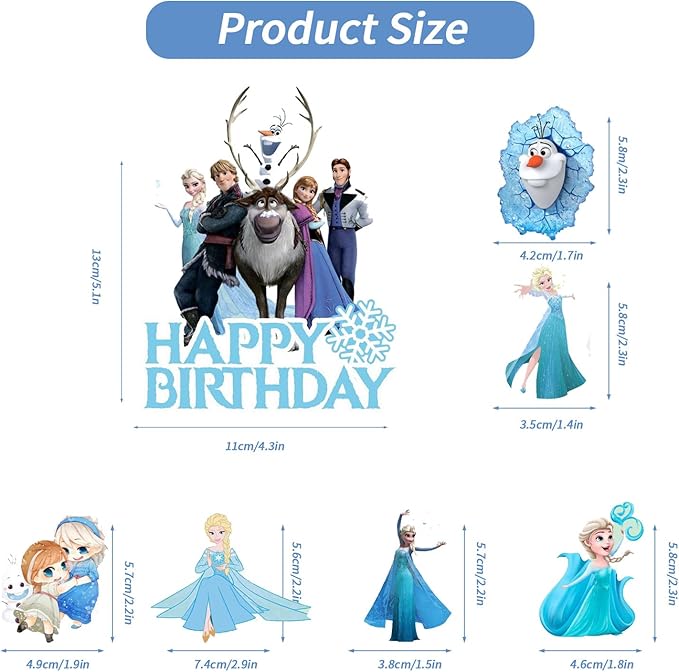 7Pcs Cute Blue Princess Birthday Cake Decorations，1 Large, 6 Small Snow Theme happy Birthday Cake Toppers，For Ice Birthday Party Supplies (E)