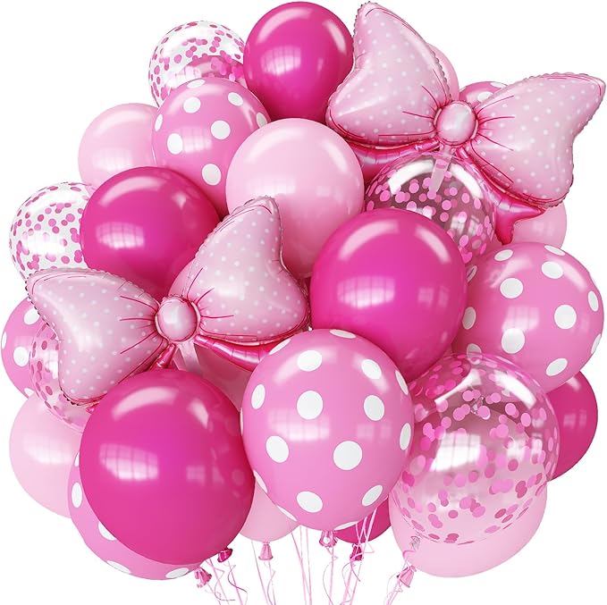 Pink Bow Balloons, 62Pcs 12Inch Hot Pink Bow Foil Balloons Set, Polka Dot and Confetti Latex Balloon for Girls Women Birthdays Baby Shower Bridal Bachelorette Cartoon Theme Valentine Party Decoration