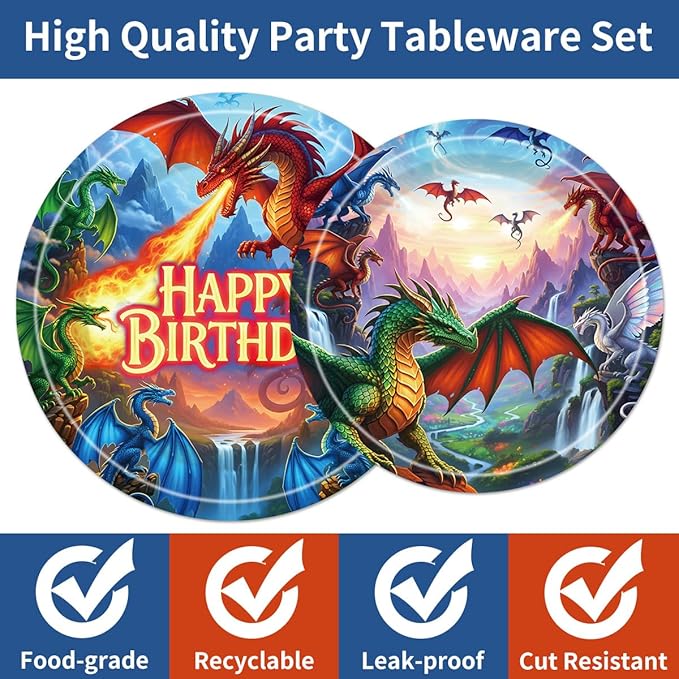 96Pcs Dragon Birthday Decorations Tableware Set - Dragon Happy Birthday Paper Plates Napkins Forks Magical Dragon Theme Party Supplies Serve 24 Guests