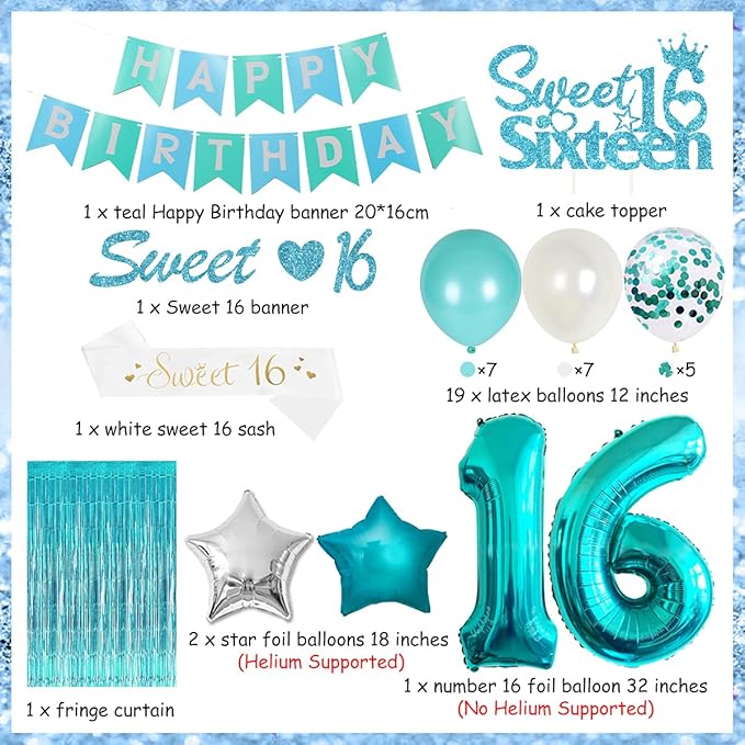16th Birthday Decorations for Girl Teal - Sweet 16th Birthday Party Supplies Happy Birthday Banner Sweet 16th Sash Cake Topper Turquoise Fringe Curtain Number 16 Balloon for Sixteen Birthday Decor