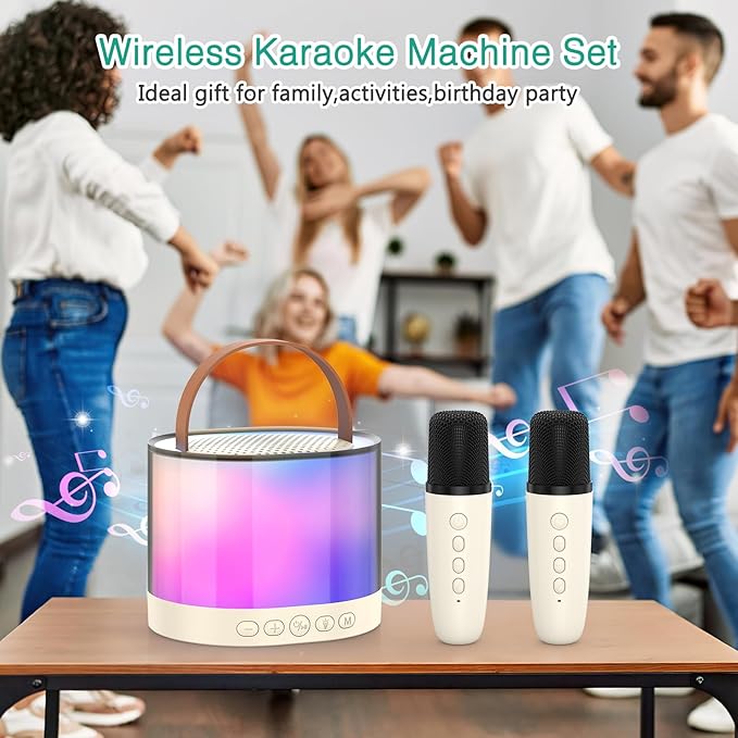 ORIA Mini Karaoke Machine, Bluetooth Karaoke Speaker with 2 Wireless Microphones, Wireless Karaoke Singing Machine with 5 Voice Changer, LED Colorful Lights, for Adults Kids Home Party