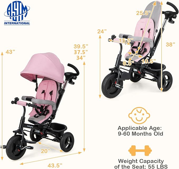 BABY JOY Tricycle, 6 in 1 Trike for Toddler w/Reversible Seat, Adjustable Canopy & Parent Handle, 5-Point Safety Belt, PU Wheels and Storage Basket, Push Tricycle for 9-60 Months (Pink)