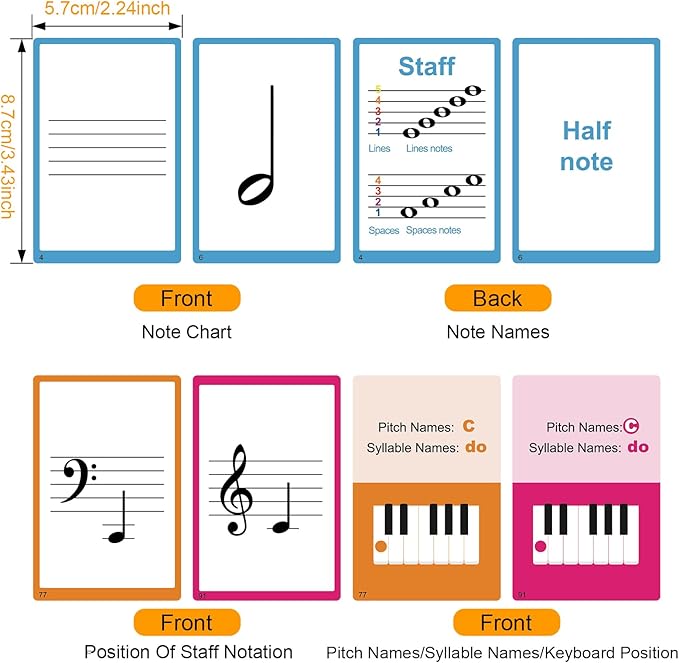 104 Piano Music Flash Cards - Basic Music Symbols,Staff Notation, Pitch/Syllable Names, Keyboard Position, Flat/Sharp,Education Cards for Beginners and Professionals