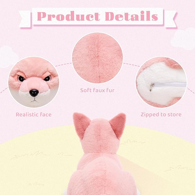 4Pcs Fox Stuffed Animal Set, Large Mommy Pink Fox Plush 22 Inch with 3 Baby Foxes in Her Zippered Tummy, Stuffed Fox Plushie Toy for Girls and Kids