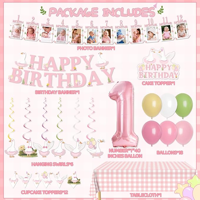 One Silly Goose Birthday Decor 1st Birthday Party Decoration Set For Girls And Boys Pink Bow Silly Goose Decorations With Balloons, Cupcake Toppers, Banner, Tablecloth, Hanging Swirls