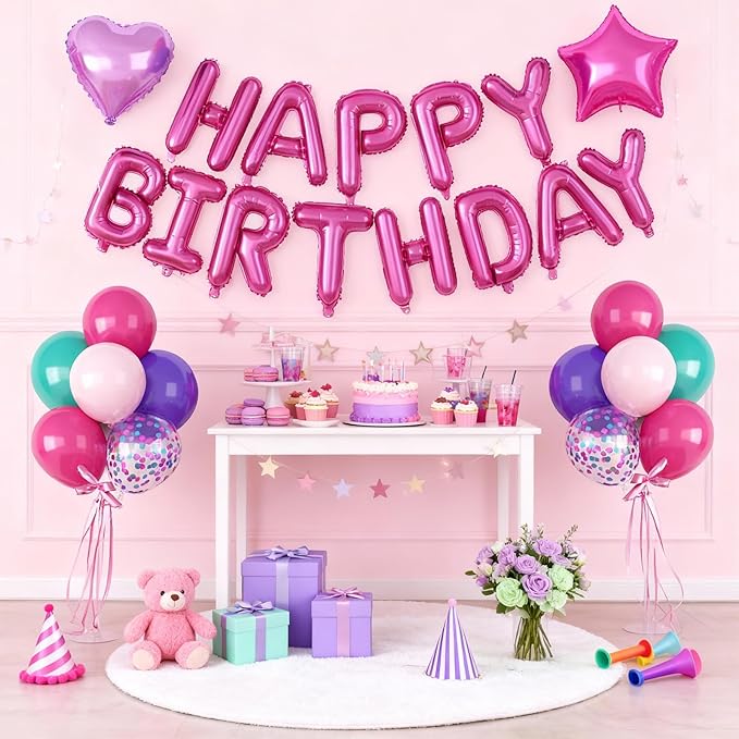 29PC Pink Purple Happy Birthday Balloon Banner, 16Inch 3D Aluminum Letter Banner Sign, Purple Hot Pink Teal Blue Confetti Balloons 18 Inch Heart Star Foil Balloon for Women Party Supply