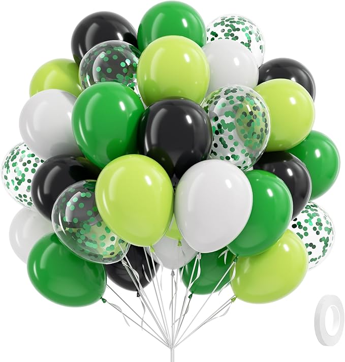 60pcs 12inch Green and Black Balloons, Black White Lime Green Confetti Balloons for Football Theme Party Baby Shower Video Game Birthday Decorations