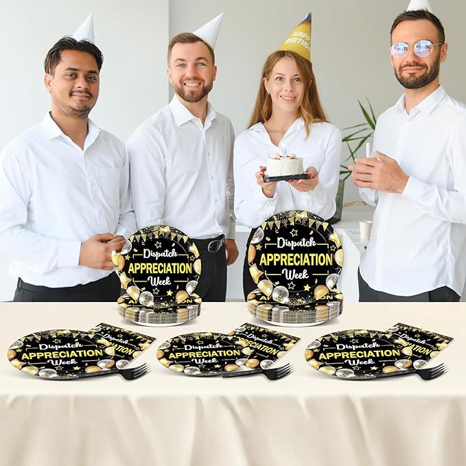 96PCS Dispatch Appreciation Week Party Paper Plates and Napkins Thank You Party Decor Black Gold Work Anniversary Tableware for Staff Employee Party Gatherings Decorations