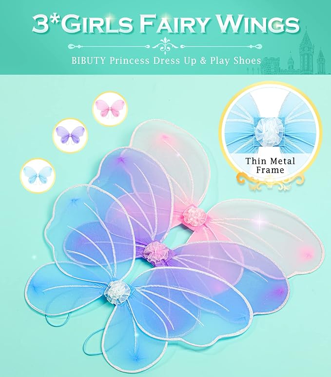 Princess Dresses with Fairy Wings, Dress Up Clothes Pretend Play Costumes Trunk with 3 Sets of Princess Dress Up Shoes, Glitter Girls Tutu Skirts and Butterfly Wings, Toys for 3-6 yr Girls