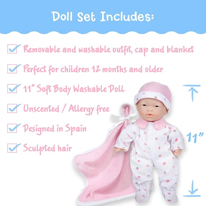 JC Toys Berenguer 11" Asian La Baby Doll,Pink Asian