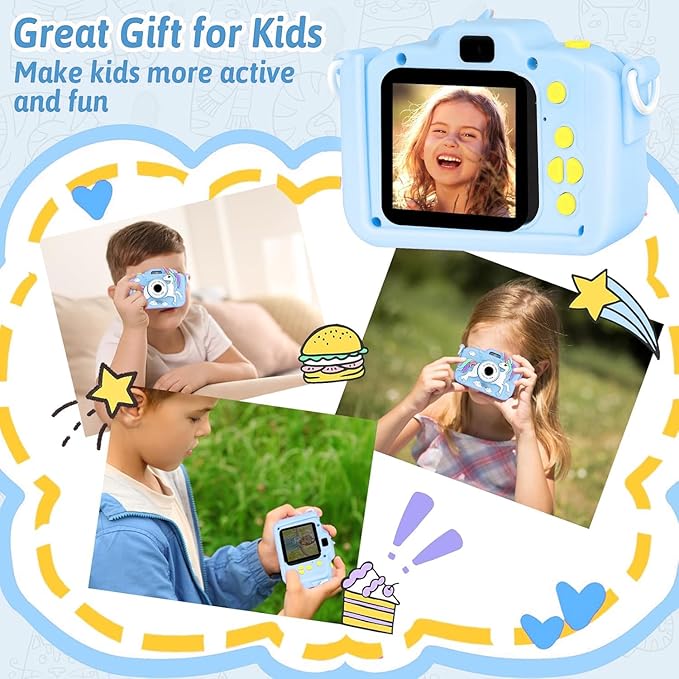 Unicorn Camera for Kids - Toddler Digital Selfie Camera with Silicone Cover, Flash and 32GB SD Card - Children Toy HD Video Kids Camera for Girls and Boys 3-12 Years Old - Blue