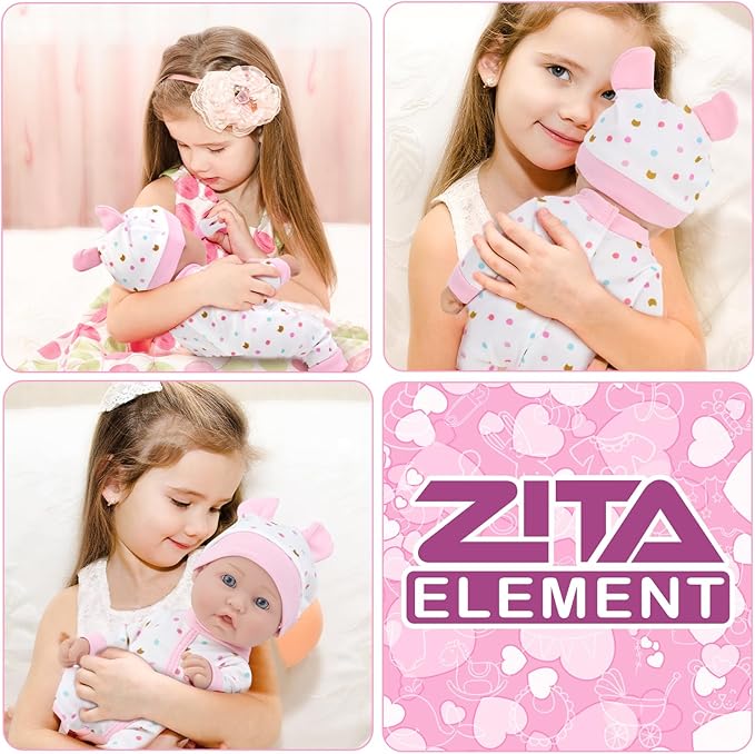 ZITA ELEMENT 12″ Baby Doll Sleeping Basket Set in Gift Box - 13 Piece Soft Baby Doll with Accessories, for Girls Ages 3+